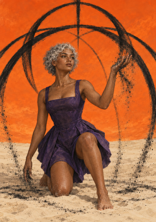 A short-haired woman in a purple dress kneels on pale sand with one hand raised, surrounded by falling dark particles and rough black arcs on orange.