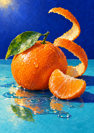 Glossy orange citrus fruit with a green leaf, cut wedge, and curling peel beside rippling water on a turquoise surface.