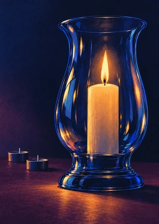 A tall cobalt-blue glass lantern holds a glowing candle on a dark tabletop, with two small unlit tea lights receding to the left.