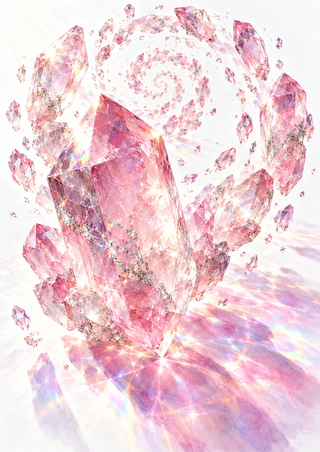Large faceted pink crystal surrounded by smaller floating pink and lilac shards above a luminous reflective ground.