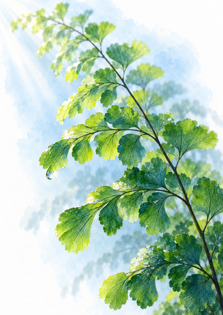 A curved green fern frond with fan-shaped leaflets and a water droplet against a pale blue-white background.