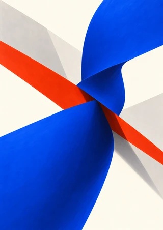Large cobalt-blue folded planes crossed by a vermilion diagonal against warm white and pale gray shapes.