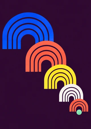Five groups of colorful nested arches descend diagonally across a dark plum background toward a small mint circle.