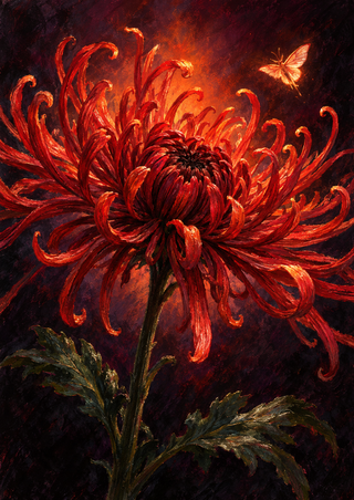 Large red-orange spider chrysanthemum with curling petals, a dark center, green stem and leaves, and a small glowing moth against a dark textured background.