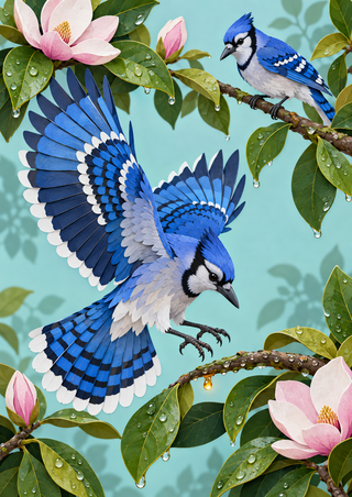 A spread-winged blue jay descends toward a branch among magnolia leaves and pink blossoms while a second blue jay perches above against a pale aqua background.