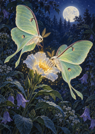 Two pale-green, long-tailed moths hover above a glowing white flower in a dark blue-violet garden beneath a full moon.