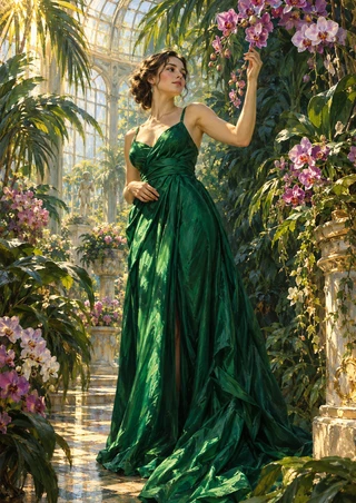 A woman in a long emerald-green dress reaches toward pink and lilac orchids in a lush glasshouse filled with palms.