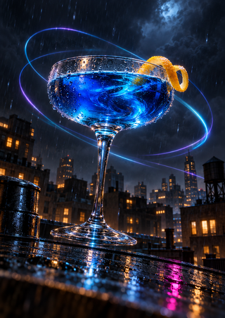 Luminous coupe of blue liquid with an orange-peel garnish above a rain-wet city ledge, surrounded by cyan and violet light trails.