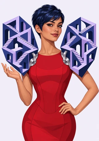 Short-haired woman in a fitted red dress stands between two blue-violet impossible staircase structures against a pale background.