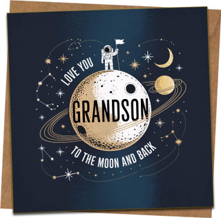 Grandson Birthday Card – Love You to the Moon and Back Space Astronaut, 145mm x 145mm Square Greeting Card with Kraft Envelope