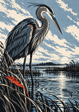 A dark blue great blue heron stands in shallow marsh water, its bill aimed toward a small fish and ripple, framed by reeds and a red-orange leaf.