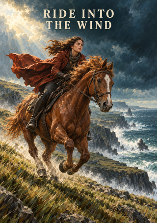 Adult woman in a rust-red coat riding a chestnut horse along a rocky coastal ridge beneath the title Ride Into the Wind.