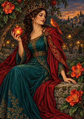 An adult queen-like woman in a teal gown and crimson cloak holds a glowing pomegranate as an ember-colored bird perches on her shoulder; blossoms and an orchard frame the scene.