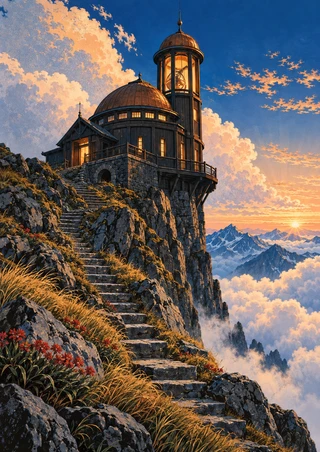 Domed mountain observatory with a glowing tower above a cliffside stair, alpine grasses, red flowers, clouds, and distant blue peaks at dawn.