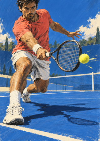 Adult male tennis player in a coral shirt and white shorts lunging with a racket toward a yellow ball on a blue court.