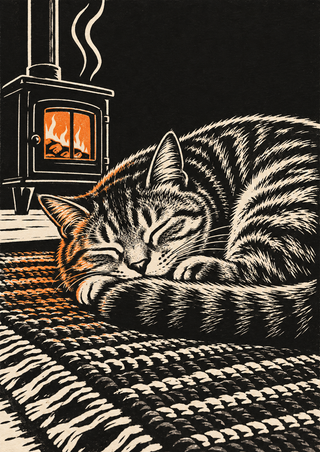 Sleeping tabby curled on a patterned rug beside a black stove with an orange glow and rising heat lines.