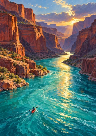 Turquoise river winding through rust-red canyon walls toward a glowing low sun, with a small kayaker in the foreground.