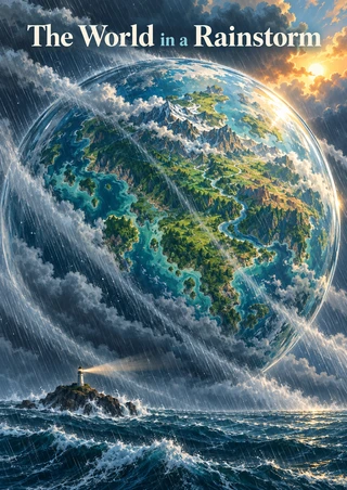 Large glass-like globe containing a green-and-blue landmass amid slanting rain and dark clouds, with a tiny lighthouse on a rocky islet below.
