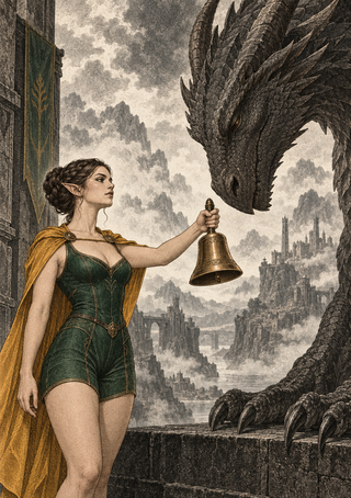 Woman in green and gold holding a bronze bell toward a large dark dragon, with ruined towers and cloudy mountains behind them.