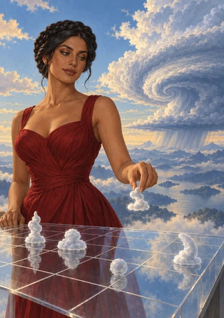 Woman in a red dress holding a small cloud above a transparent grid board, with cloud forms and a spiral cloudscape behind her.