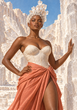 Woman with a geometric crystal crown and crystal-like wings standing among pale formations beneath a blue sky.