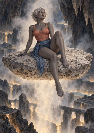 Gray-skinned, pale-haired woman in rust-red and blue seated on a floating porous rock above misty waterfalls and dark stone columns.