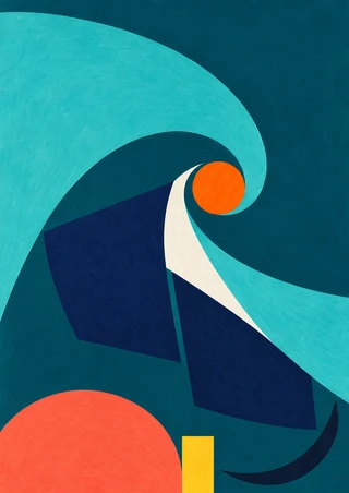 Abstract turquoise curl with an orange disk, indigo blocks, white wedge, coral semicircle and yellow rectangle on deep teal.