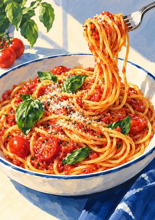 Bowl of spaghetti with tomato sauce, basil and cheese as a fork lifts noodles above it.