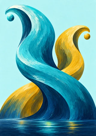 Interlocking turquoise and mustard-gold wave bands with one droplet near each arc above a dark reflective pool on a pale aqua background.