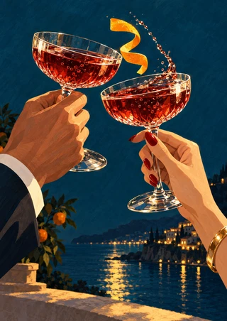 Two hands raise red coupe glasses with a curled orange citrus peel between them above a nighttime bay with shoreline lights.