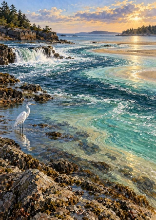Small white heron standing in shallow water beside a curling turquoise channel, rocks, a wooded cascade, and a sunlit horizon.