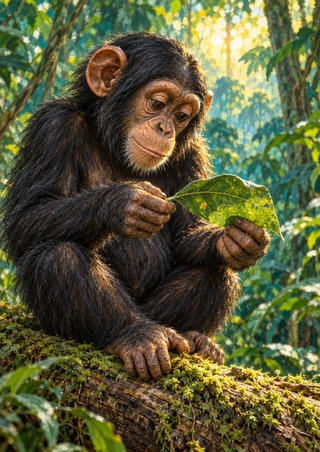 Chimpanzee sitting on a mossy fallen log and examining a broad green leaf in both hands, with a sunlit forest behind.