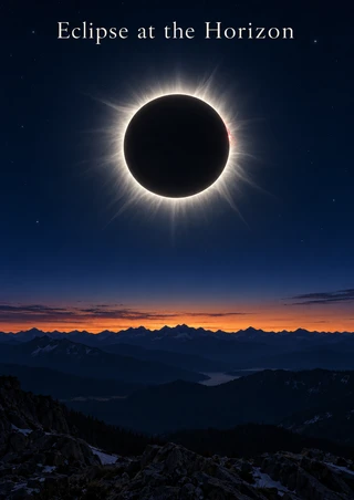 A bright solar corona surrounds a dark eclipse above layered alpine ridges and a copper twilight horizon; “Eclipse at the Horizon” appears at the top.