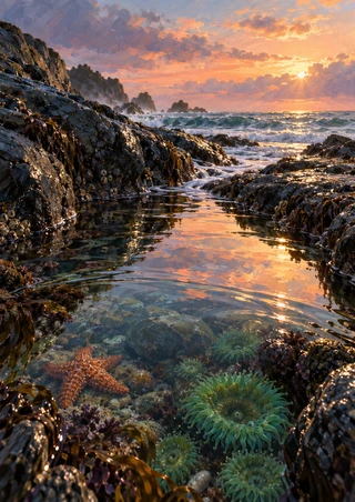 Peach-pink sunset reflected in a rocky tidepool with an orange sea star and green anemones beneath the water.