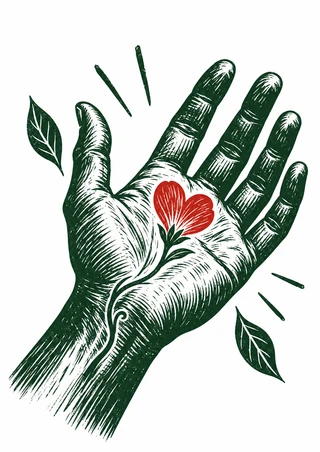 Deep green open palm holding a red heart-shaped flower, with leaves and short radiating marks on a white background.