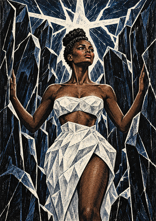Woman in angular ivory clothing raises her arms amid dark shards and a radiant star-like geometric form.