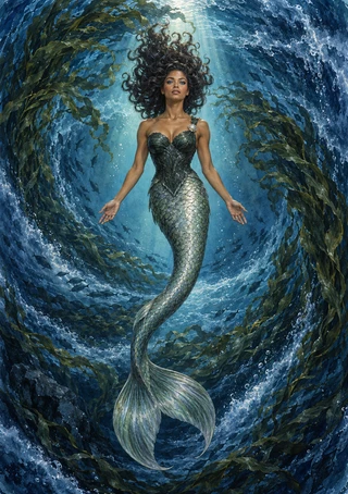 Mermaid with a silvery-green scaled tail floating inside a circular underwater vortex surrounded by bubbles and dark seaweed.