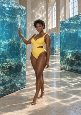 Woman in a bright yellow one-piece swimsuit stands between two blue water-filled blocks in a sunlit gallery.