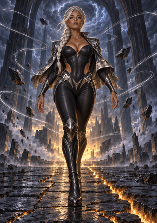Silver-haired woman in black armor walking through a ruined cathedral-like hall beneath a bright storm opening with floating stone fragments.