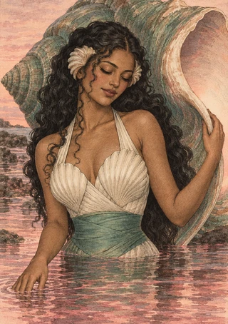 Illustration of a dark-haired woman in a shell-shaped bodice standing in reflective coastal water, framed by large conch shells.