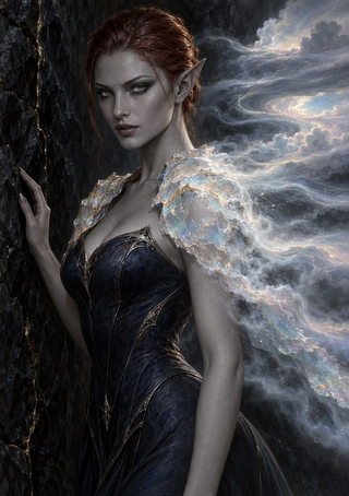 A red-haired, pointed-eared dark elf in a dark gold-trimmed gown stands against rock beside a luminous iridescent cloudlike mantle.