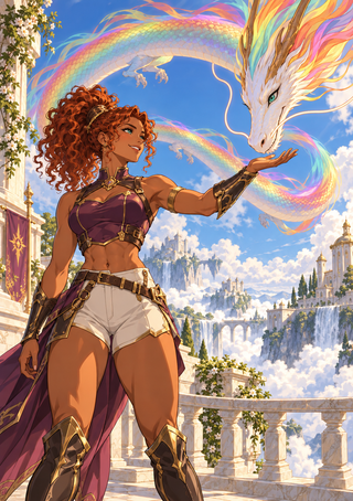 Red-haired woman reaching toward a white dragon with rainbow-colored tendrils above a bright palace terrace.