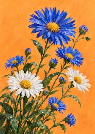 Blue and white aster-like flowers with golden centers, green stems, and water droplets against a warm orange background.