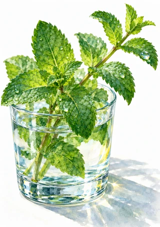 Bright green mint sprig with water droplets growing from a clear glass of water on a white tabletop.