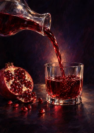 A glass carafe pours ruby-red pomegranate juice into a tumbler beside a cut pomegranate and loose arils on a dark tabletop.