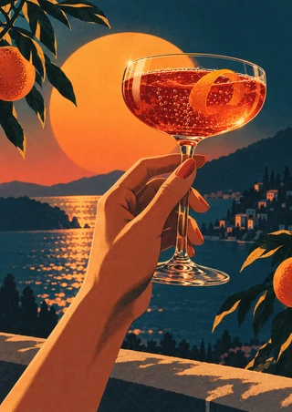 Hand raising a ruby-orange spritz in a coupe before a setting sun, citrus branches, and a teal coastal landscape.
