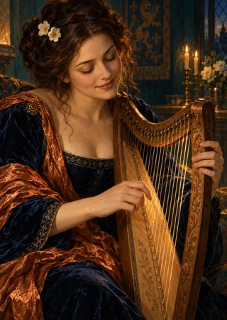 Adult woman in a dark blue gown and copper sash plays a wooden harp in a warmly lit teal room, with two white flowers in her hair.