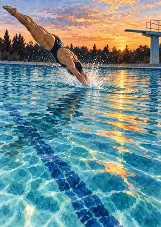An adult swimmer dives headfirst into an outdoor pool at sunset, with a splash, reflected light, trees and a diving platform.