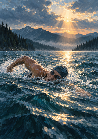 Open-water swimmer moving through a lake beneath a bright cloud opening, with a pine ridge and mountains in the distance.