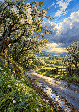 A rain-wet country lane curves between flowering apple trees toward a sunlit valley, with a wooden gate at right.